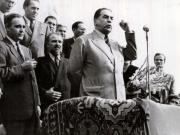 Gheorghe Gheorghiu –Dej, Şt. Voitec, Gh. Tătărăscu şi alţi membrii ai delegaţiei române la Conferinţa Păcii de la Paris se întorc în ţară. Aspect din Gara Ploieşti-Vest unde a avut loc un miting cu acest prilej. (21.09.1946).