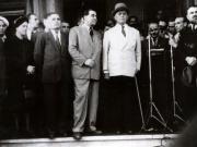 Gheorghe Gheorghiu –Dej, Şt. Voitec, Gh. Nicolau, Gh. Tătărăscu, P. Groza, Fl. Bagdasar, membrii ai delegaţiei române la Conferinţa Păcii de la Paris, la sosirea în Gara Băneasa. (21.09.1946).