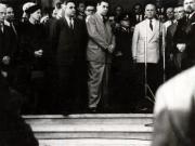 Dej, Şt. Voitec, Gh. Tătărăscu, P. Groza, Fl. Bagdasar, Vasiliu Răşcanu, Petre Constantinescu-Iaşi, Acad. Nicolau Gh., în Gara Băneasa, la înapoierea de la Conferinţa Păcii de la Paris (delegaţia a fost întâmpinată de P. Groza, conducători de partid şi de stat, de numeroşi oameni ai muncii). (21.09.1946).