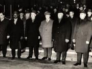 Membri ai conducerii de partid şi de stat pe aeroportul Băneasa, cu ocazia plecării lui Chivu Stoica în Etiopia, într-o vizită oficială. (5 XII 1966)